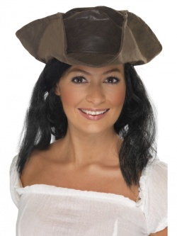Leather Look Pirate Hat Brown with Black Hair