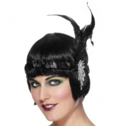   Black Satin Charleston Headband with Feather and Jewel Detail